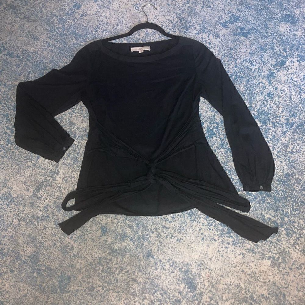 Loft, Long Ballon Sleeves, Boat Neck Waist Ties, Black Women’s Small Petite